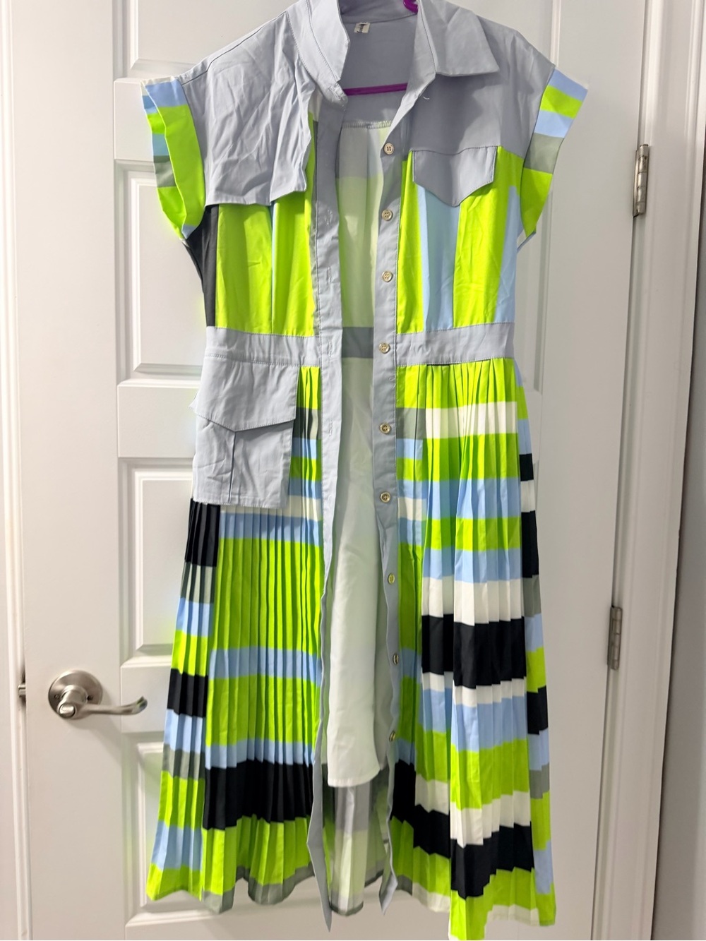 Girls Neon Lime & Light Blue Stripe Pleated Shirt Dress